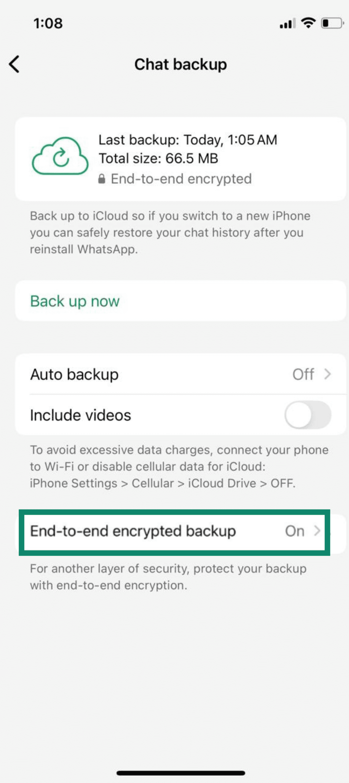 iPhone Chat backup screen showing incomplete iCloud backup and End-to-end encrypted backup option turned on