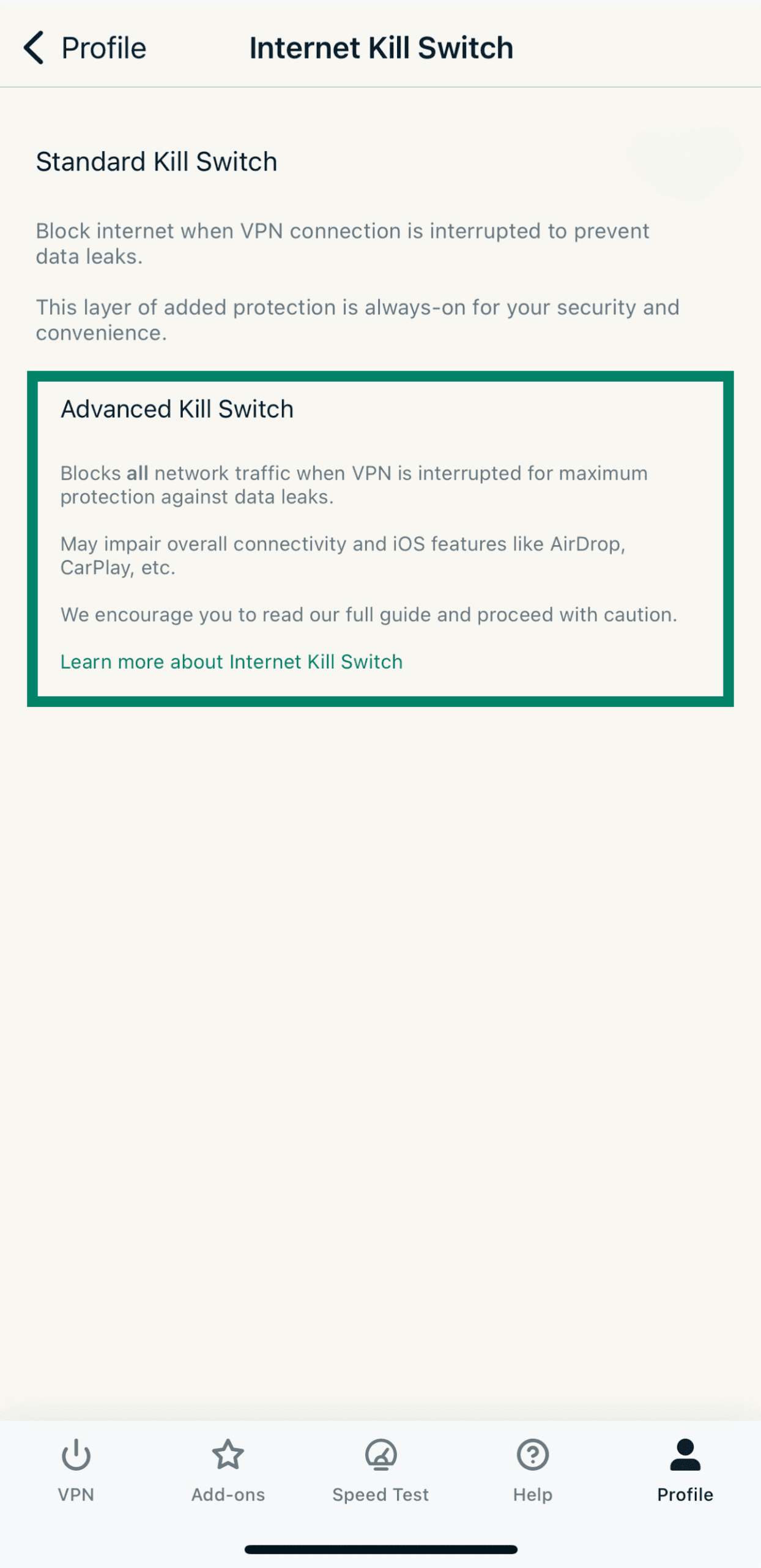ExpressVPN iOS Advanced Kill Switch highlighted.