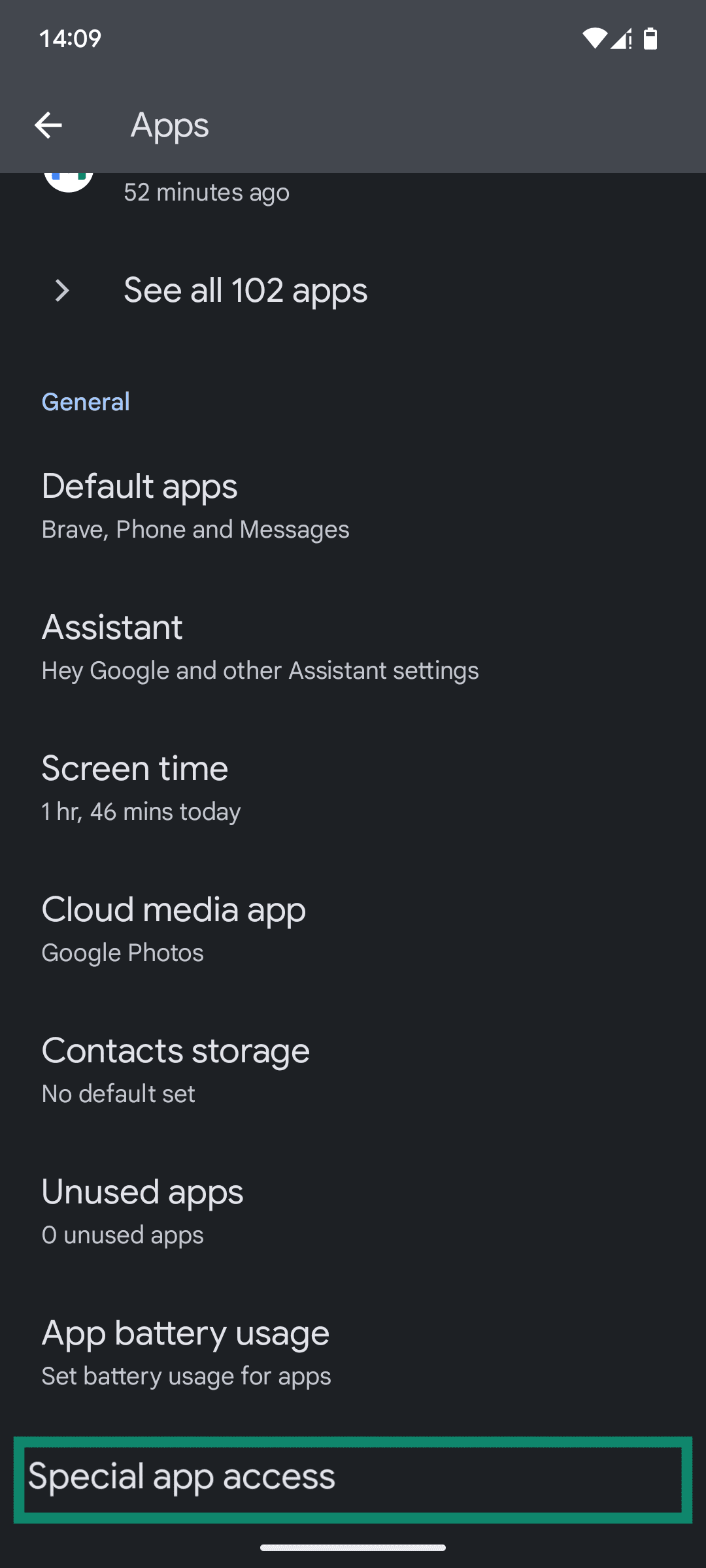 The Apps menu of the Android Settings app, showing the "Special app access" option.