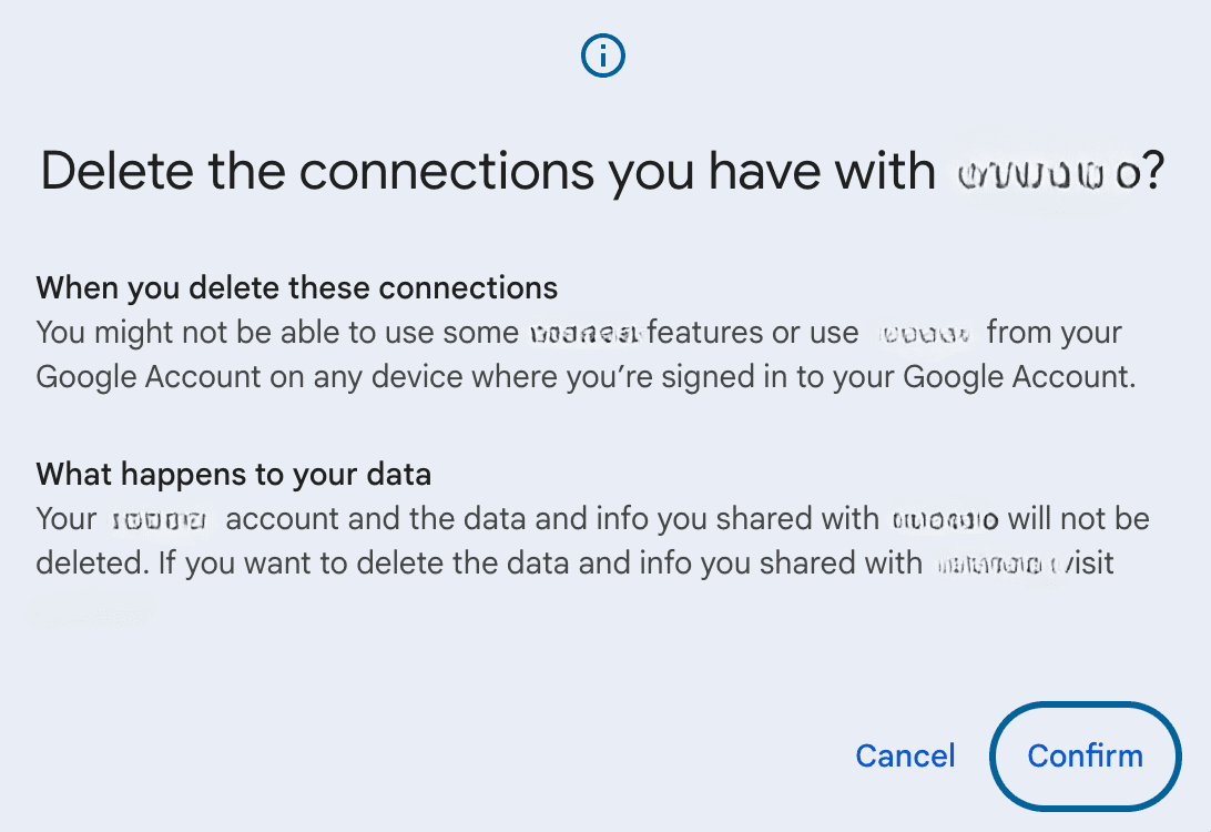 Confirming removal of access from a third-party app in Google's settings.
