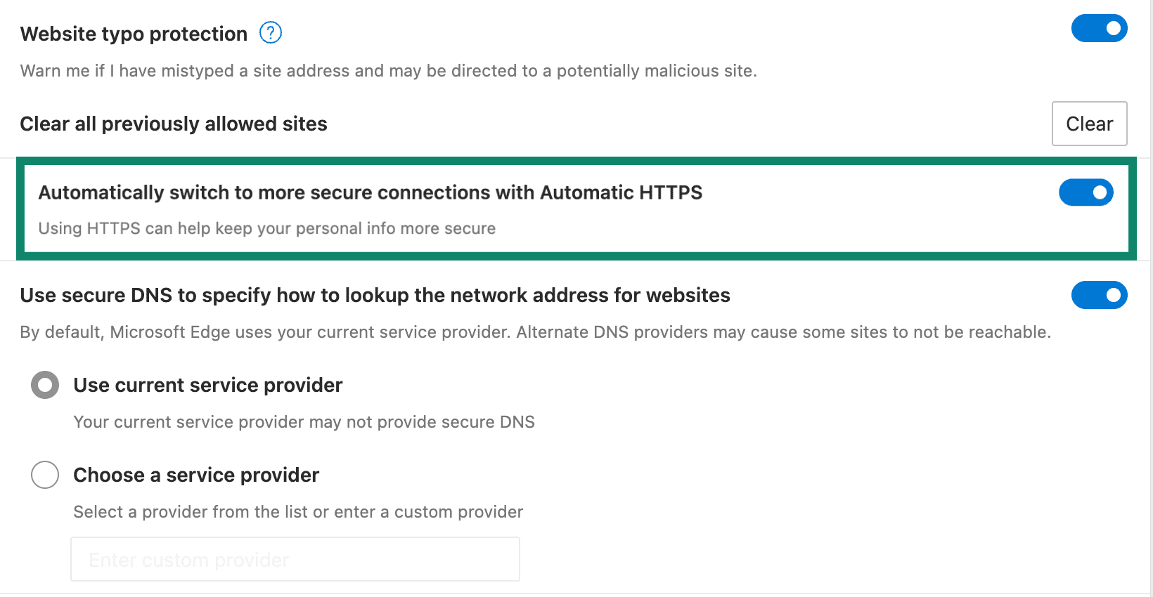 The Microsoft Edge "Automatically switch to more secure connections with Automatic HTTPS" toggle.