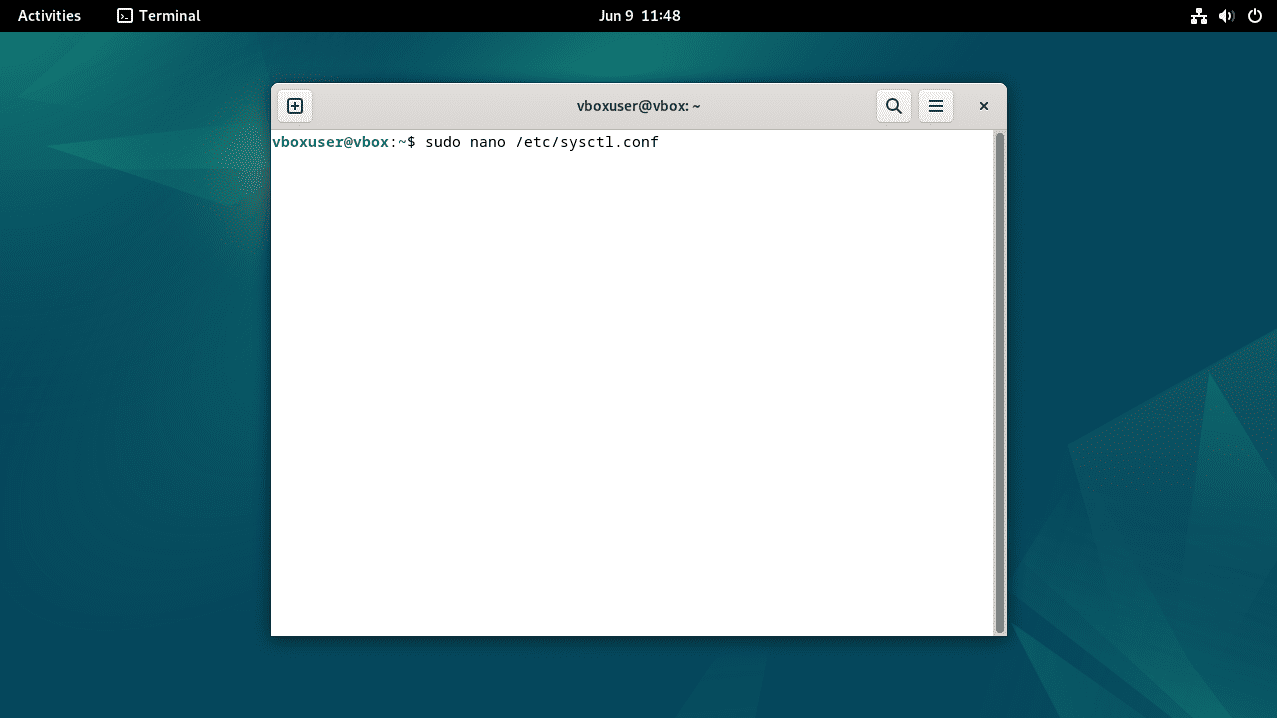 Linux Debian Terminal with the command to open the /etc/sysctl.conf file typed into it.