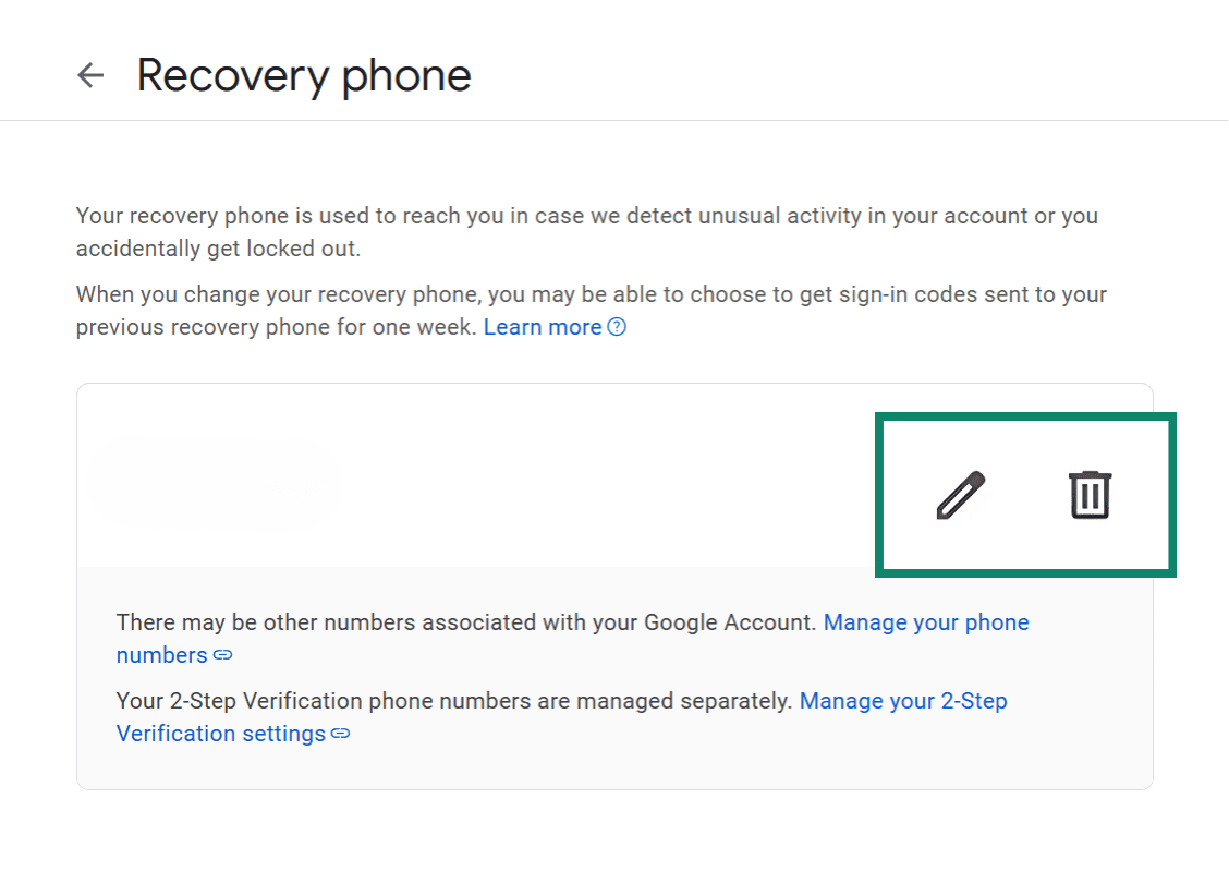 The Google Account security settings page shows the "Edit" and "Delete" icons highlighted.