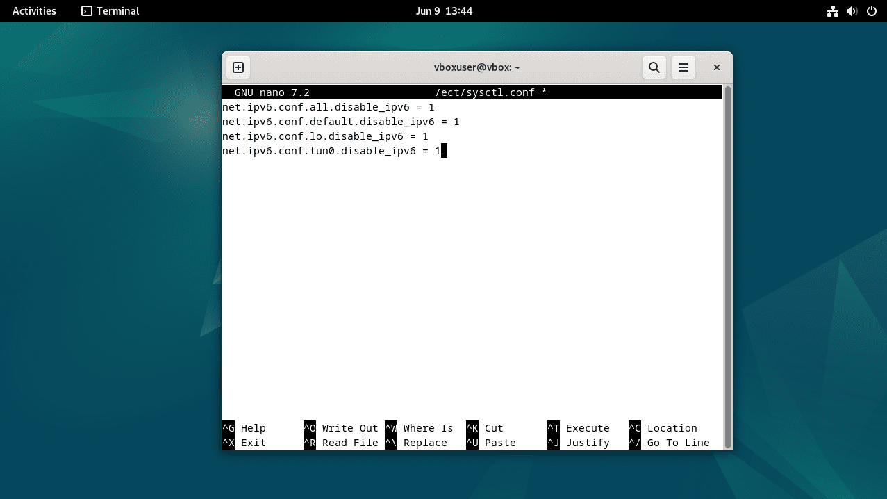 Linux Debian Terminal with the commands to disable IPv6 typed into it.