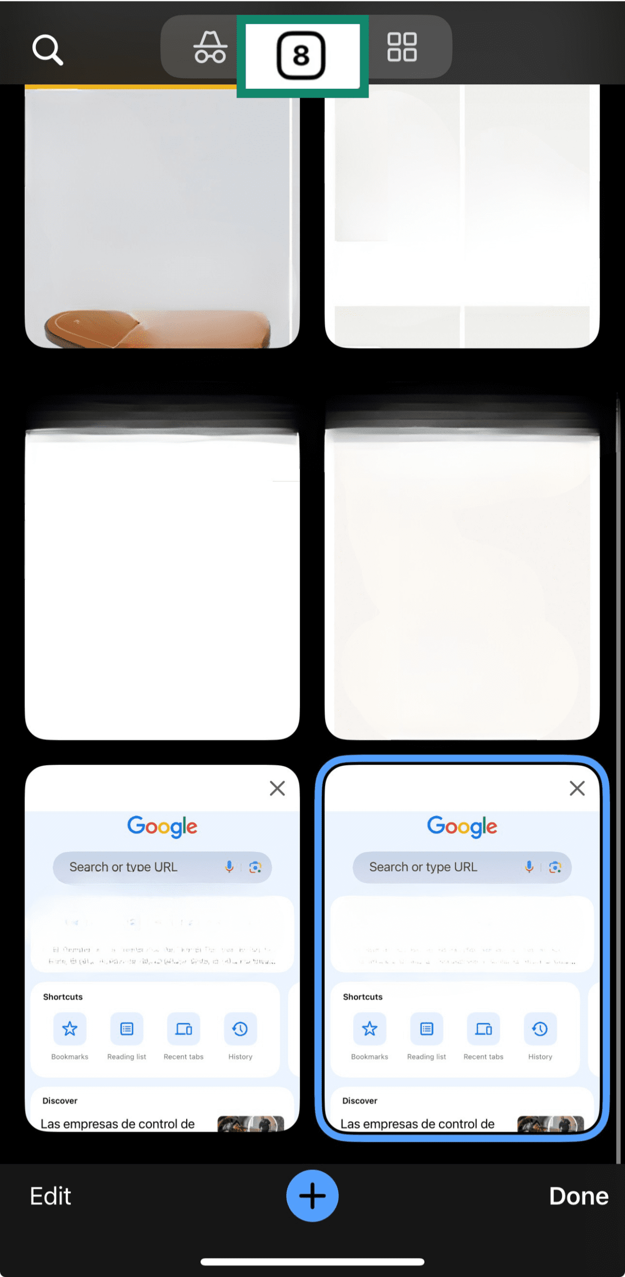 iOS Google Chrome tabs list highlighting the regular tab section.