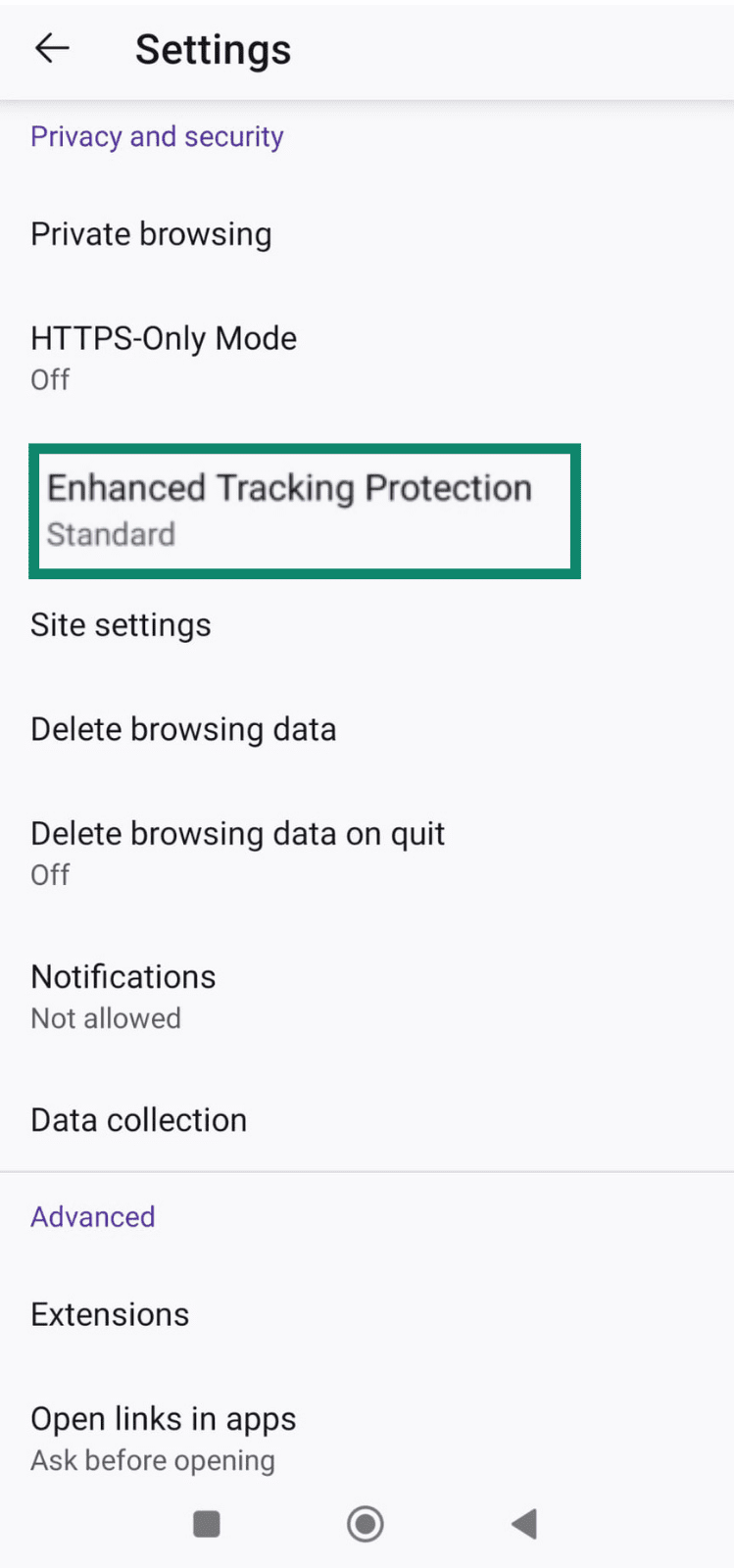 Firefox settings showing Enhanced Tracking Protection option.