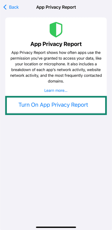 iPhone screen showing the option to turn on App Privacy Report in Settings.