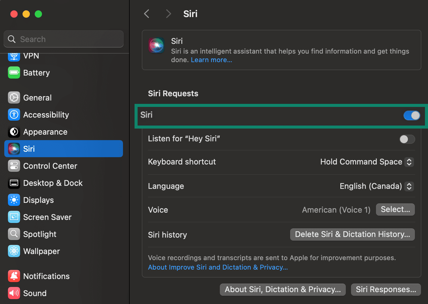 Mac Siri settings with the toggle to turn on/off Siri highlighted.