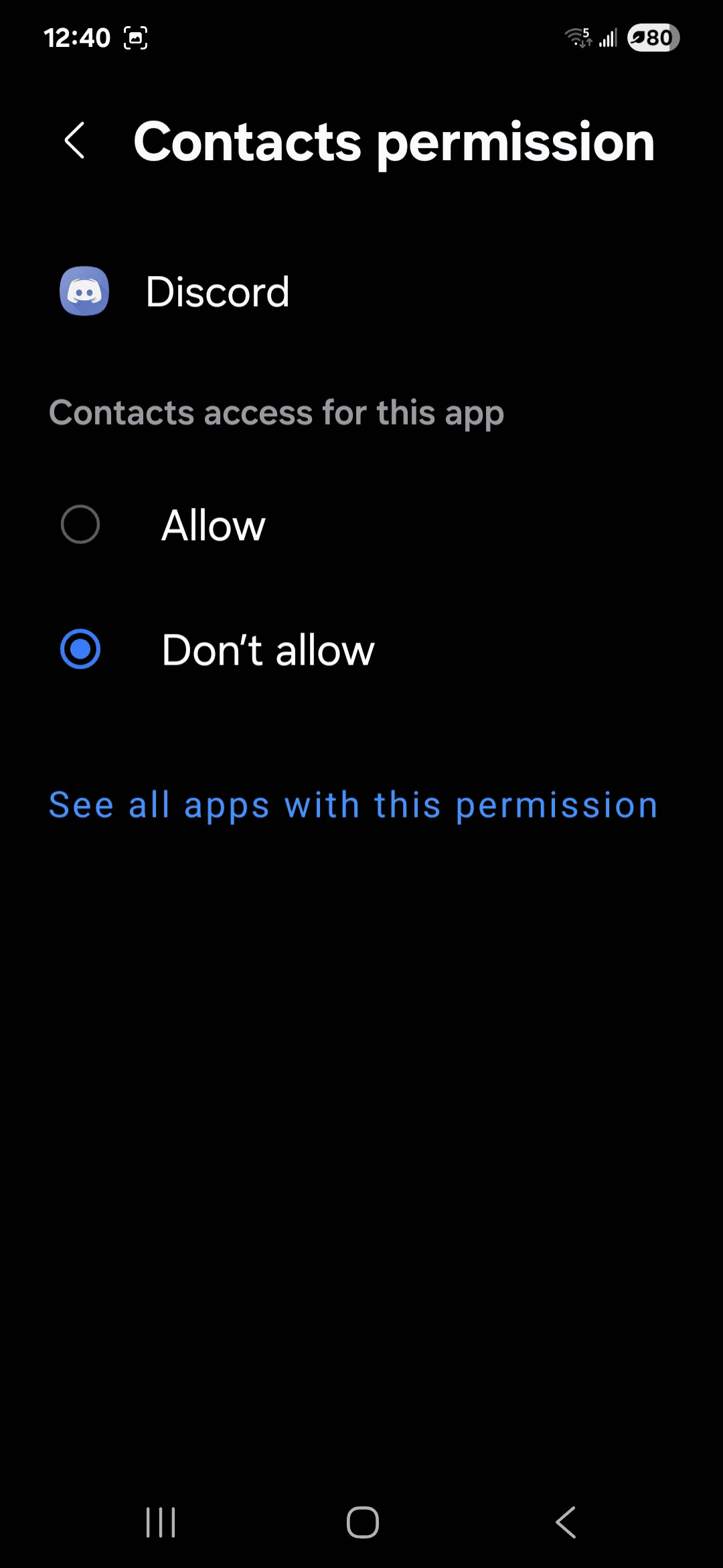 Android screen for managing Contacts permission for the Discord app.