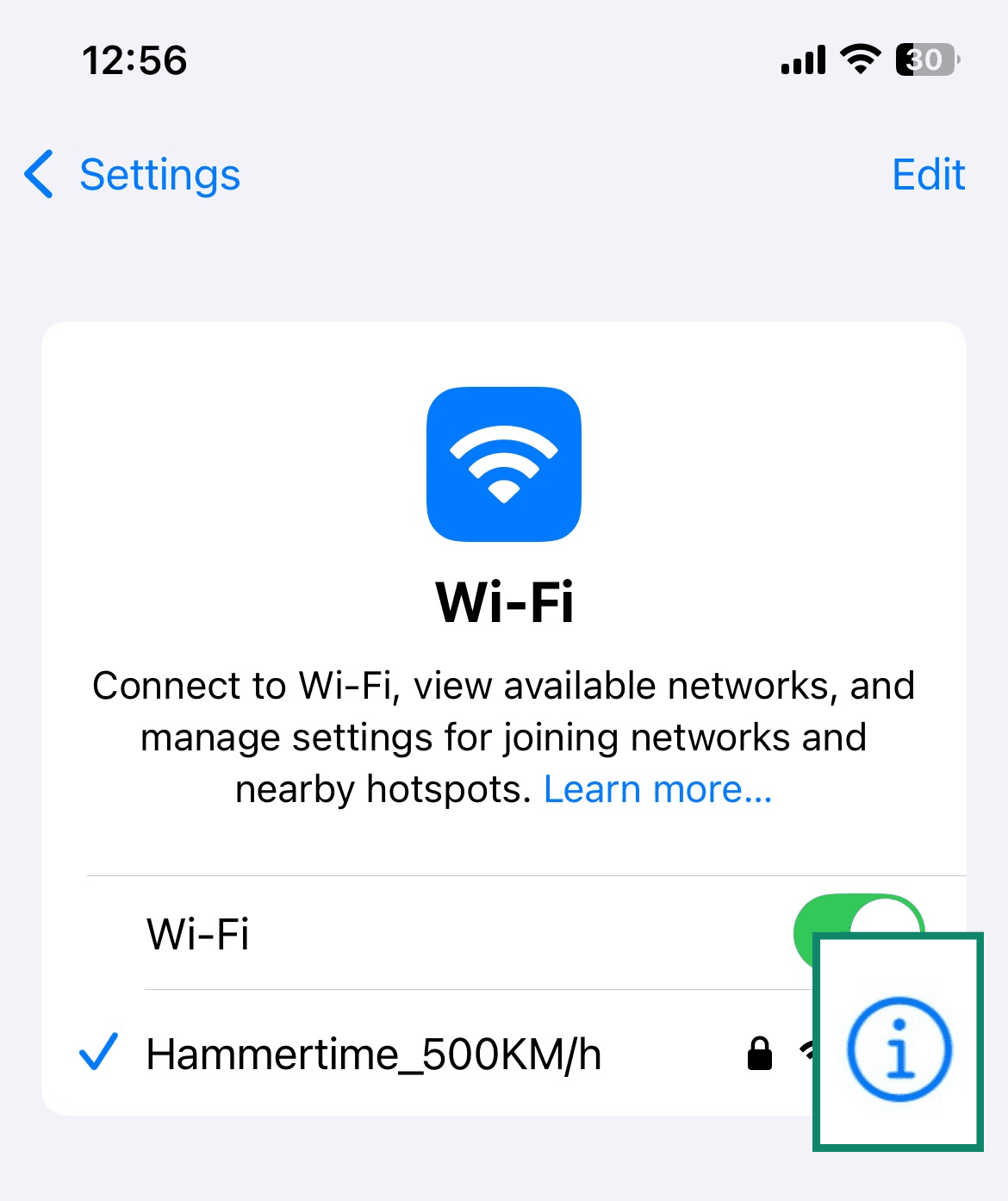 Tap the network's information icon to reveal its DNS settings dashboard.