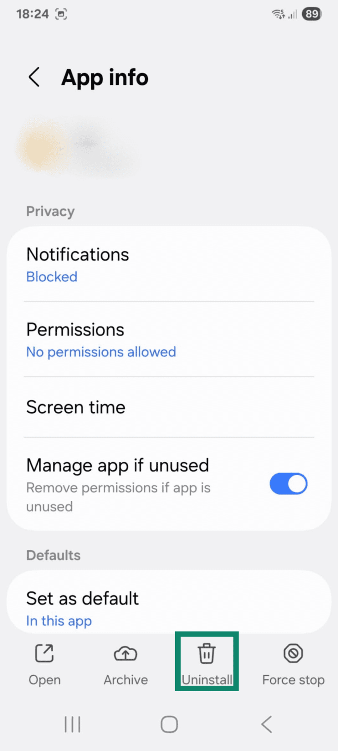 An app info screen with the uninstall button highlighted