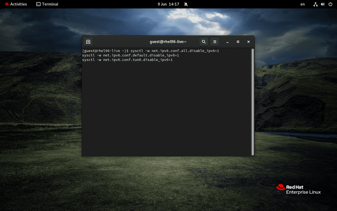 Linux Red Hat distro with the Terminal open and the commands to disable IPv6 typed into it.