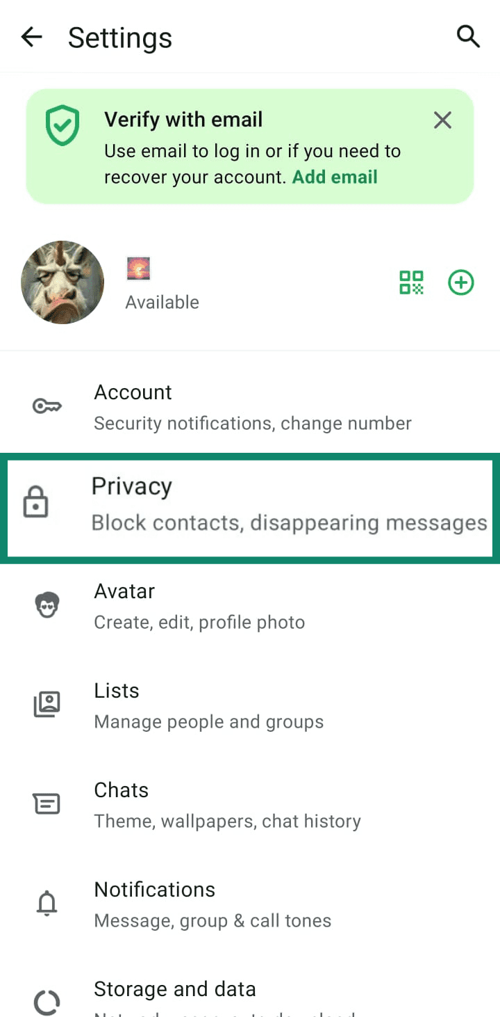 The main WhatsApp Settings screen, with the 'Privacy' menu option highlighted