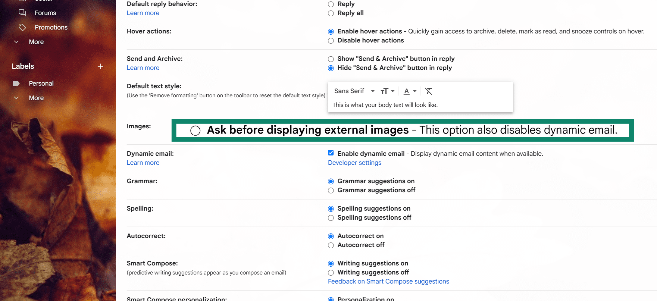 Gmail settings page showing how to enable the “Ask before displaying external images” option.