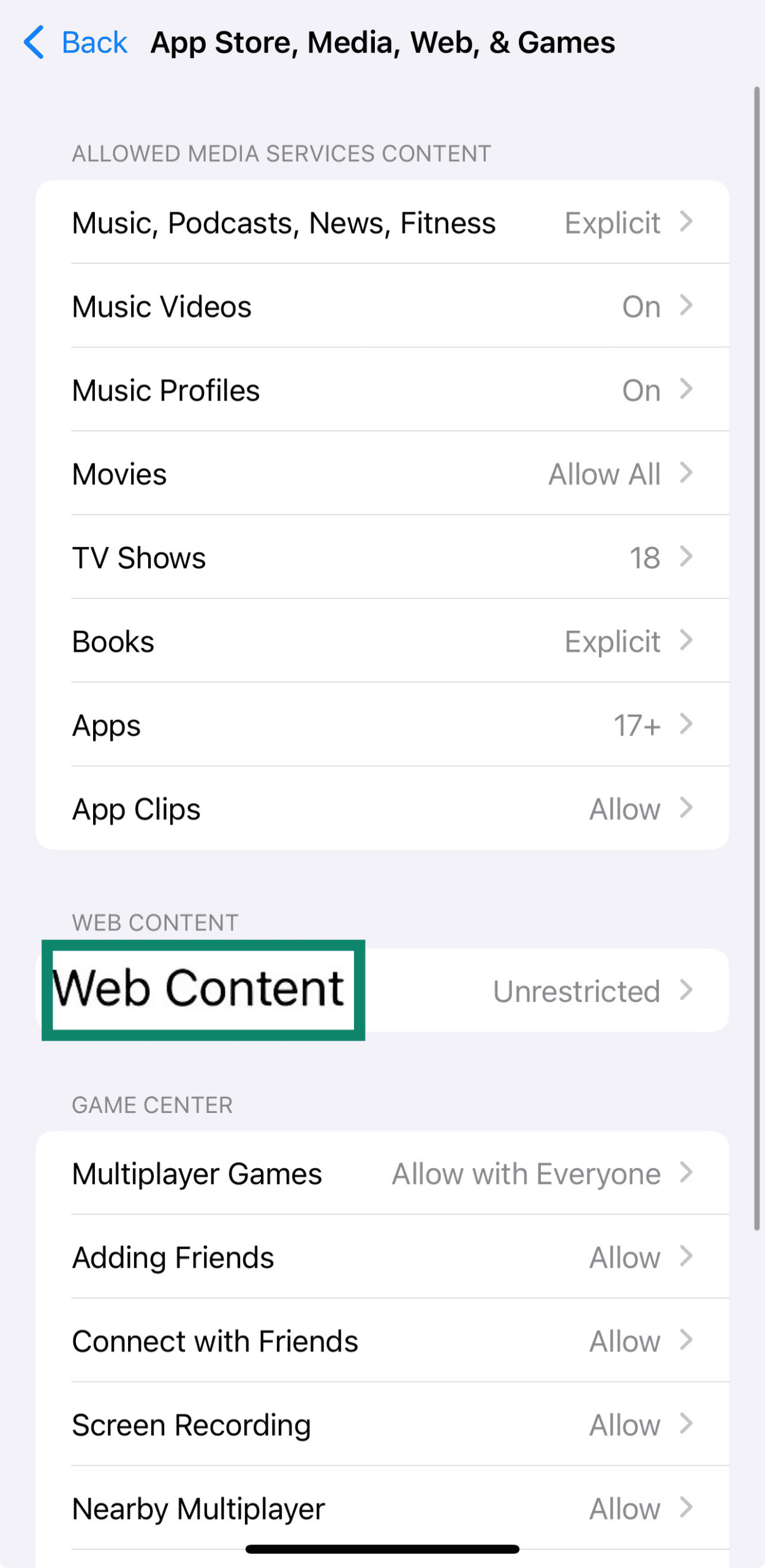The Web Content option of an iPhone's Content & Privacy Restrictions page.