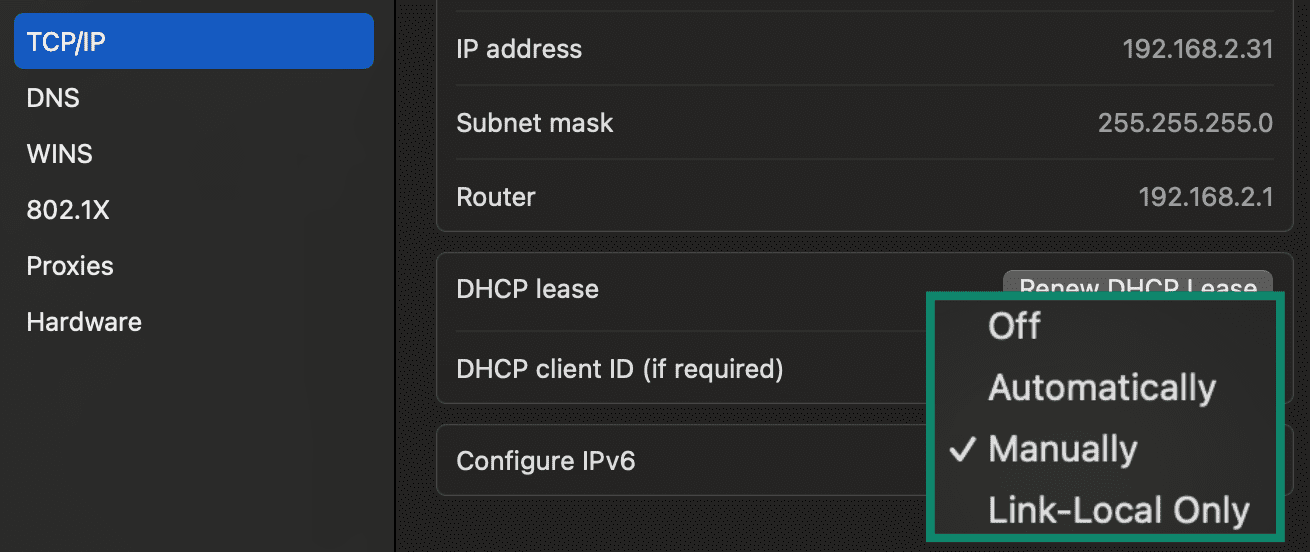 Image showing how to select manual IPv4 or IPv6 configuration.