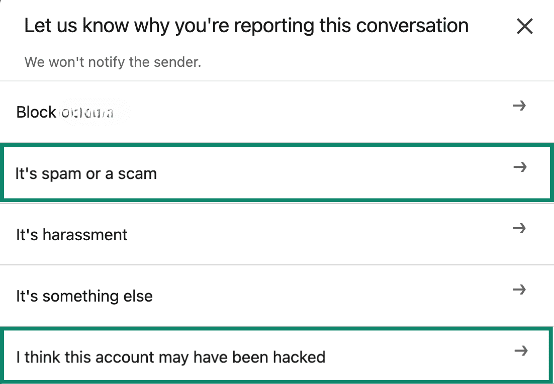 Close-up of the LinkedIn report menu with the options 'It’s a spam or a scam' and 'I think this account may have been hacked' highlighted.