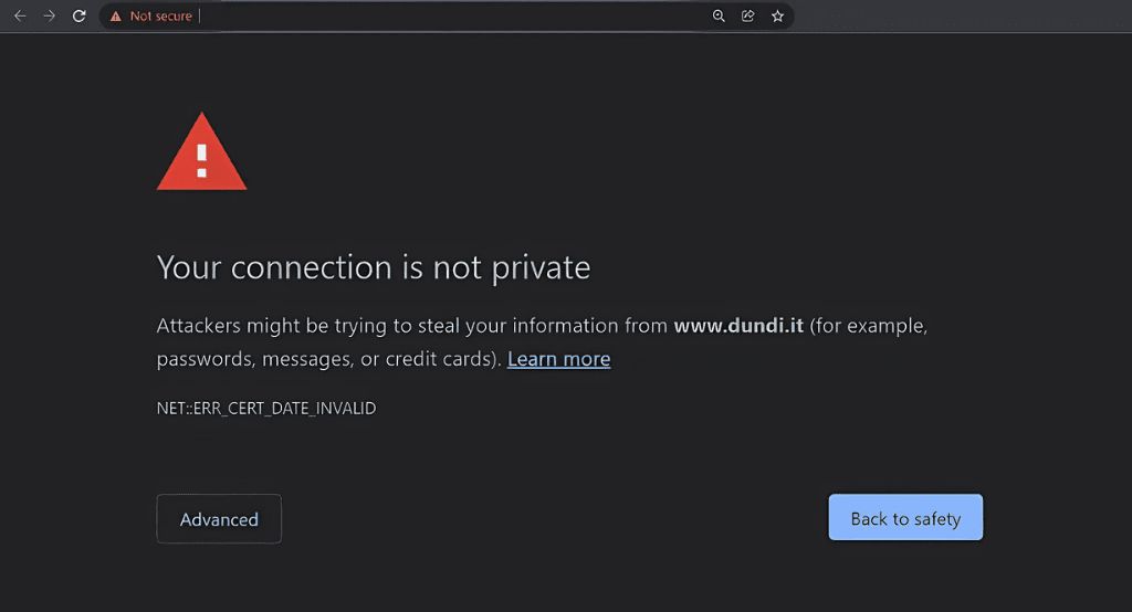 Browser privacy error screen with a warning icon, stating ‘Your connection is not private’ due to an invalid certificate.