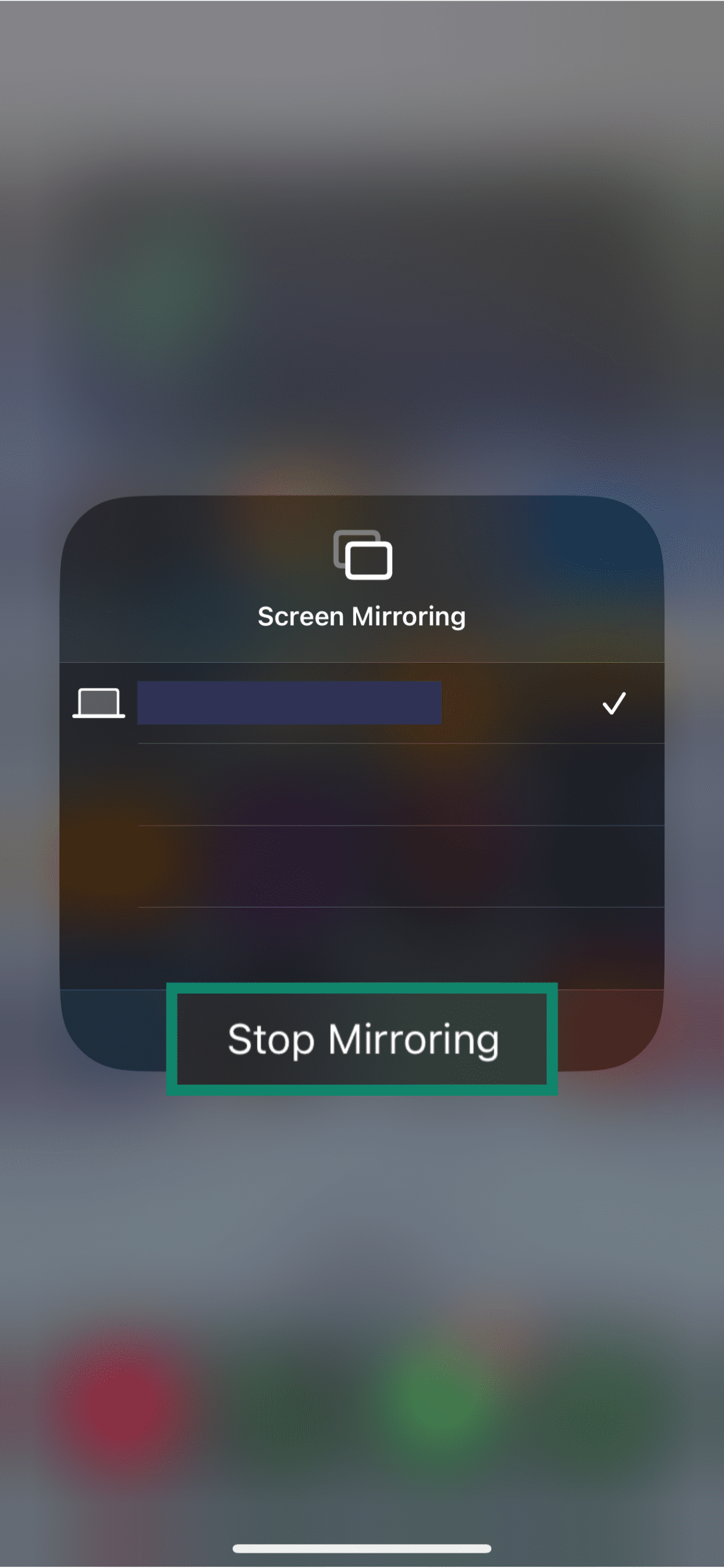 The Screen Mirroring menu of an iPhone, showing the option to stop mirroring.