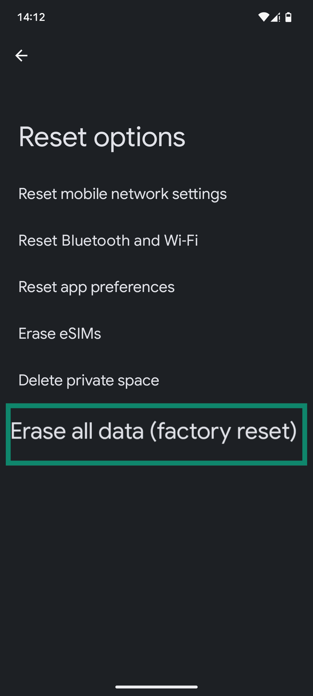 The Reset options menu of an Android phone, with the "Erase all data (factory reset)" option highlighted.