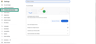 Chrome settings page with the Privacy and security option highlighted in the left sidebar.