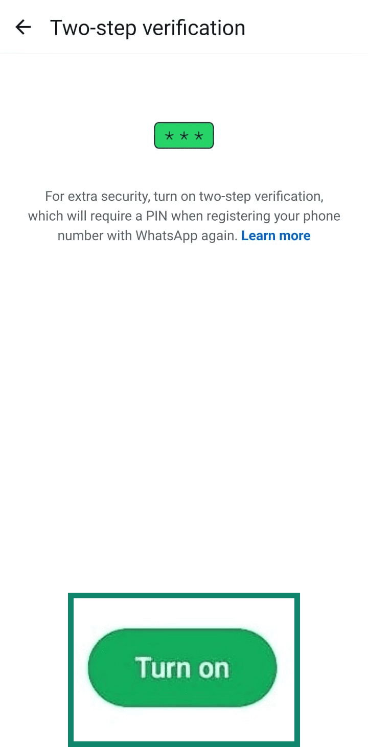 The setup screen for WhatsApp's two-step verification, showing the explanation of the feature and the large green 'Turn on' button to begin.