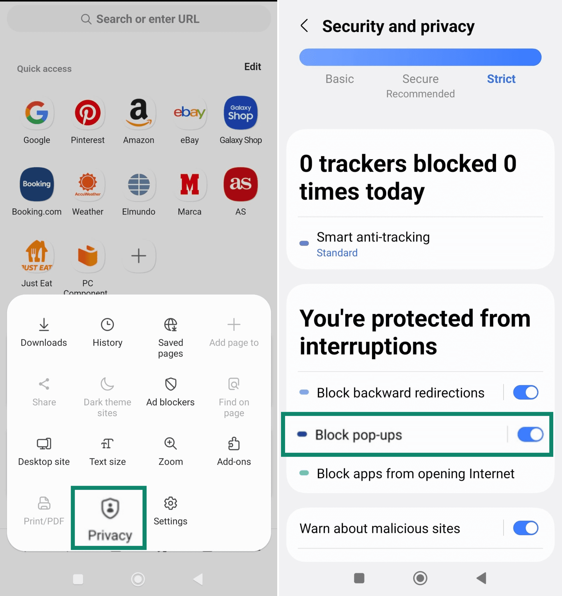 Samsung Internet privacy settings showing "Block pop-ups" enabled.