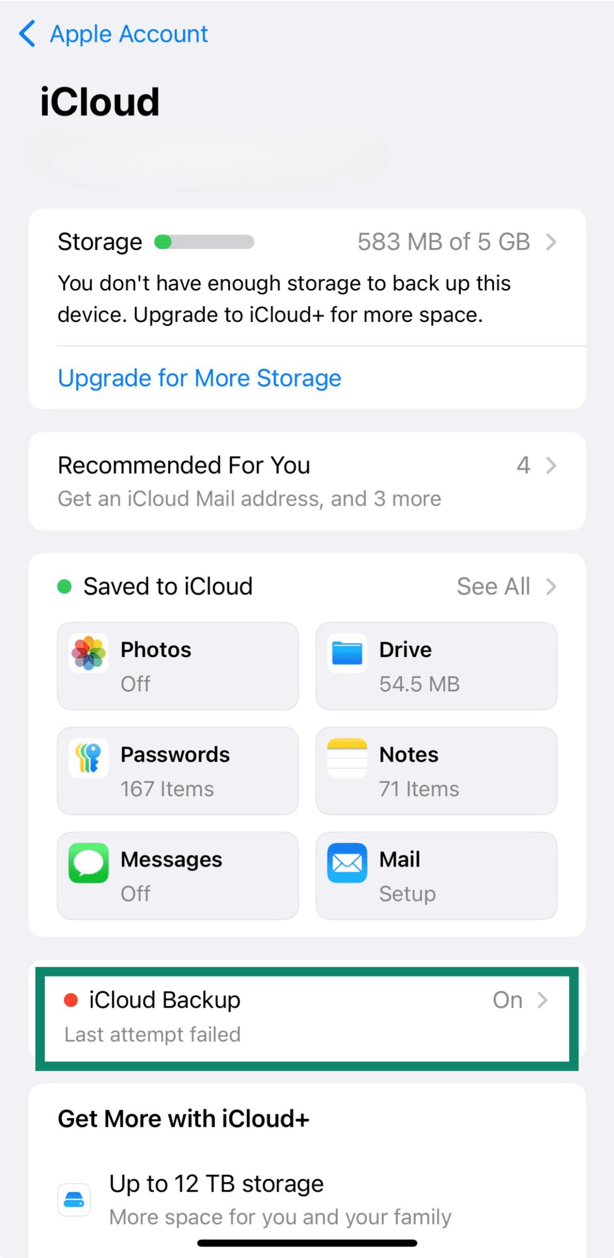 The iCloud Backup button on an iPhone.