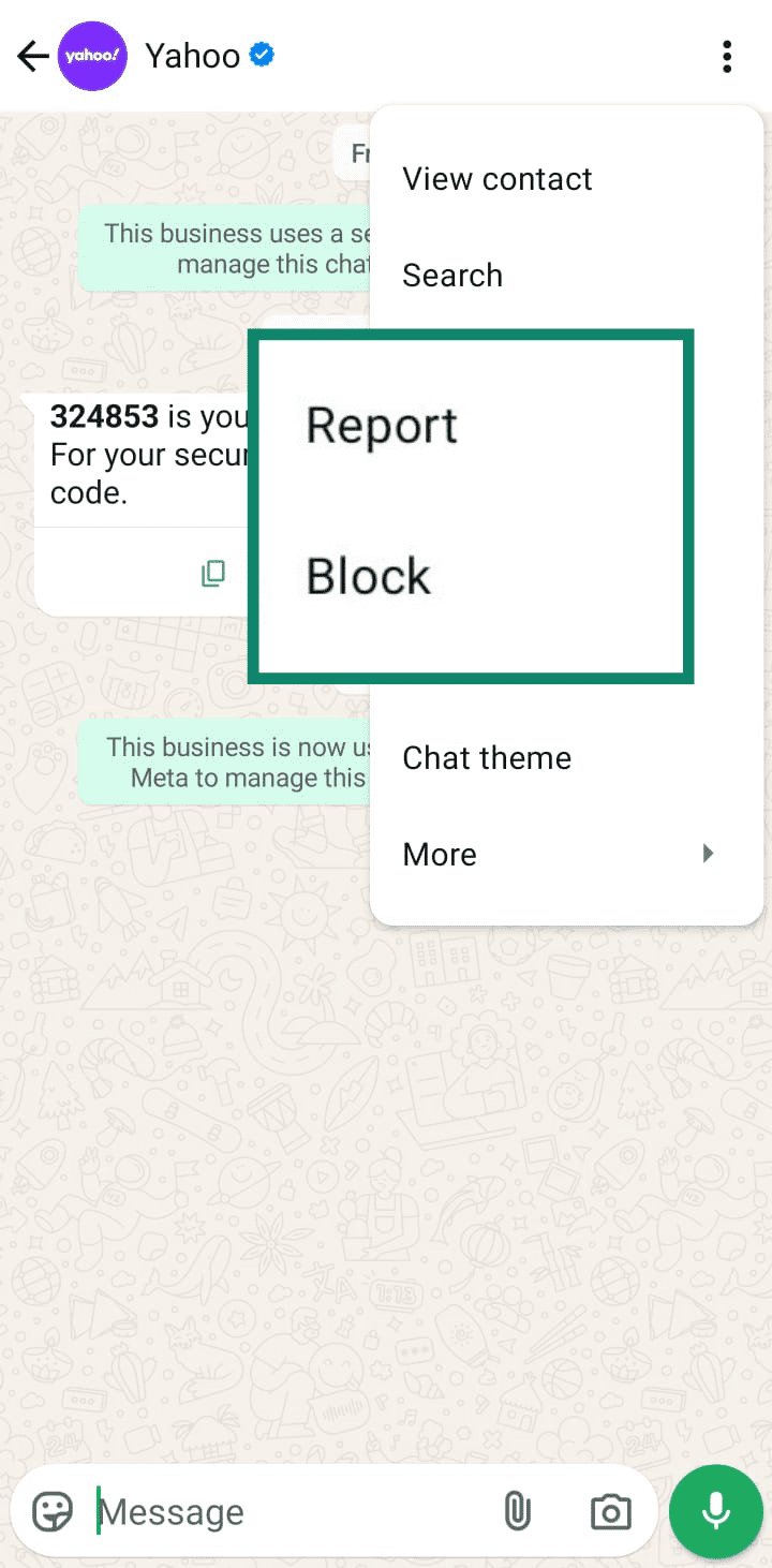 The menu in a WhatsApp chat with the 'Report' and 'Block' options highlighted together, showing how to take action against a suspicious contact.