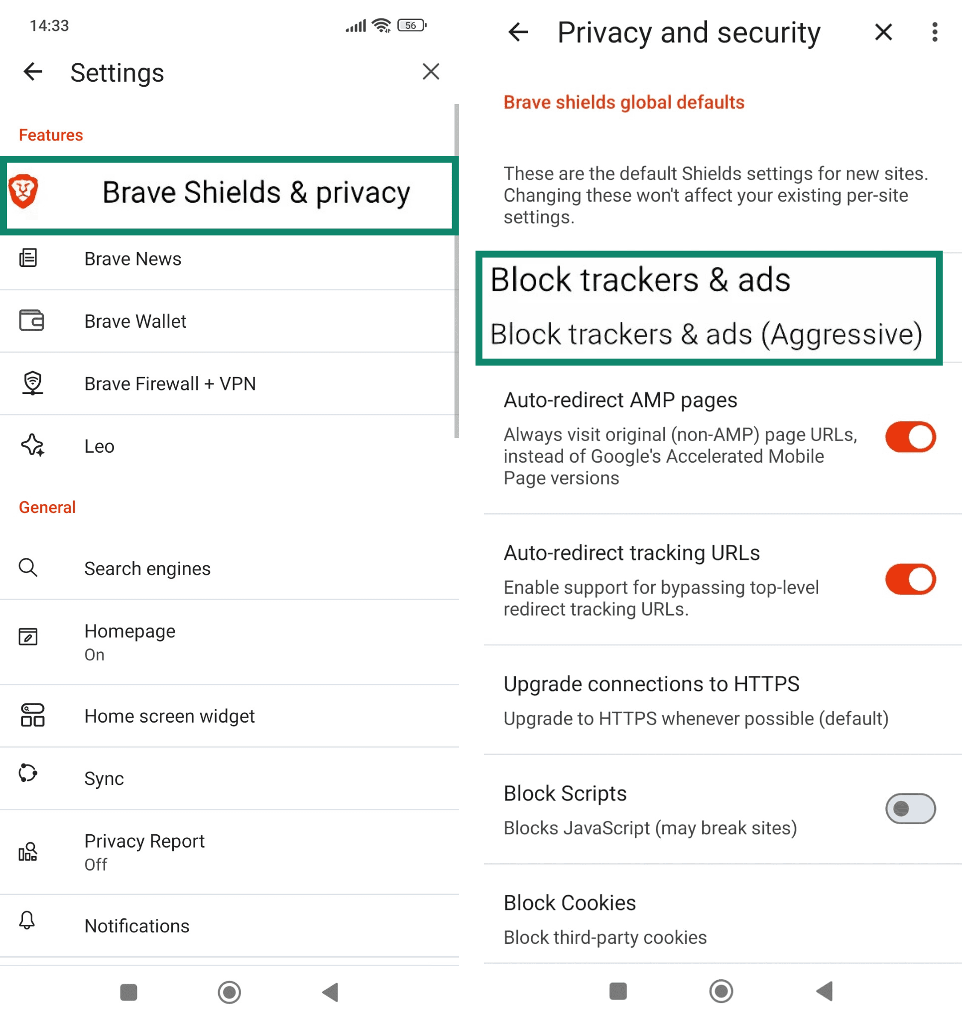 Brave browser privacy settings to block ads and trackers on Android.