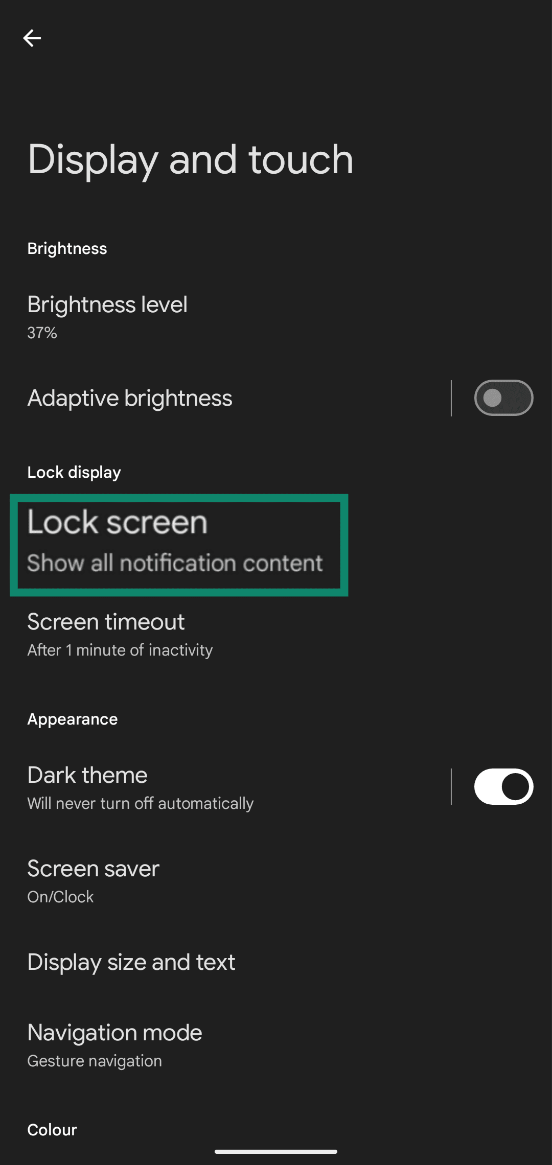 Accessing the Lock screen settings menu through the Pixel's Display and touch settings menu