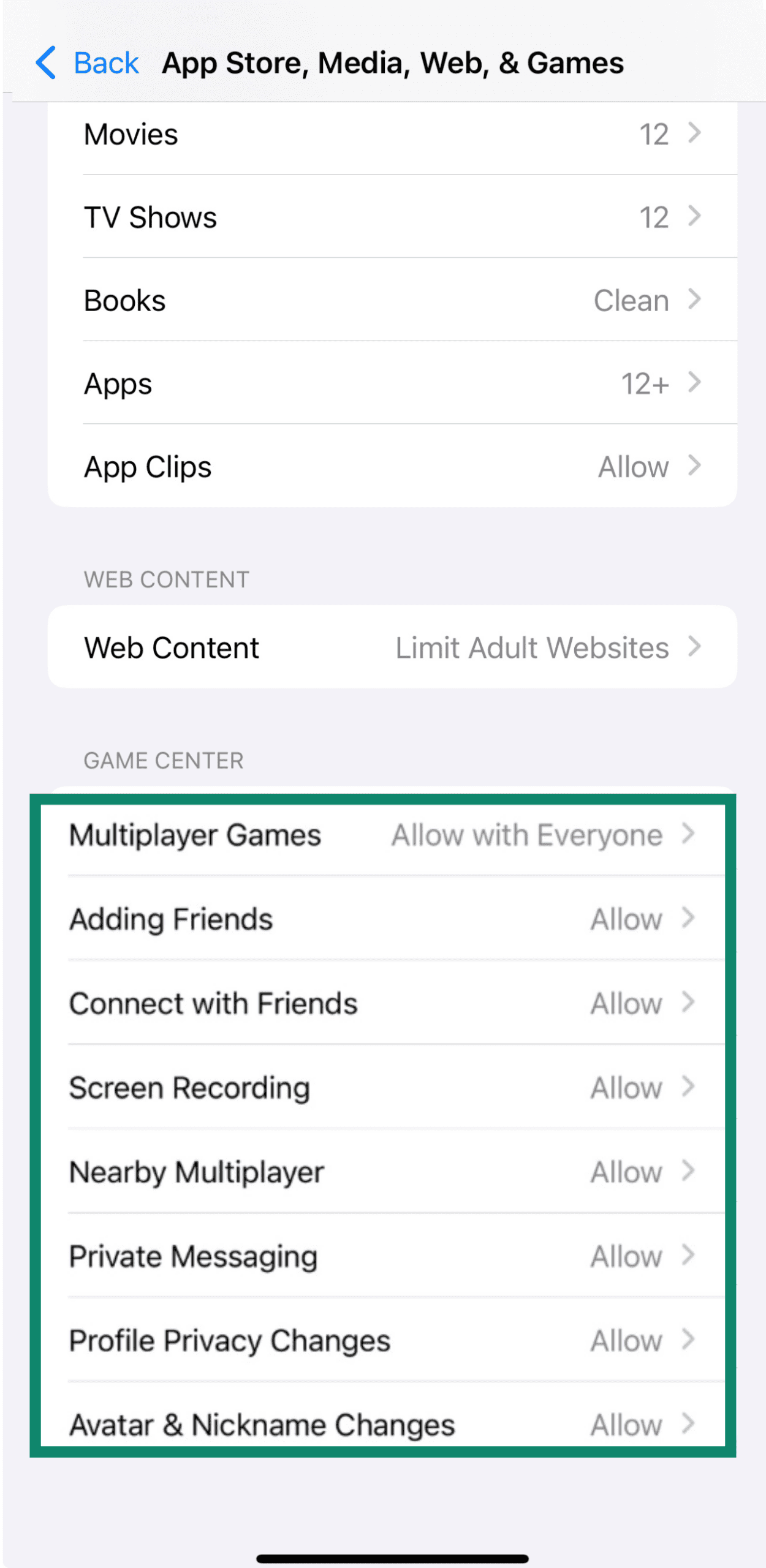 Game Center restrictions in Screen Time settings