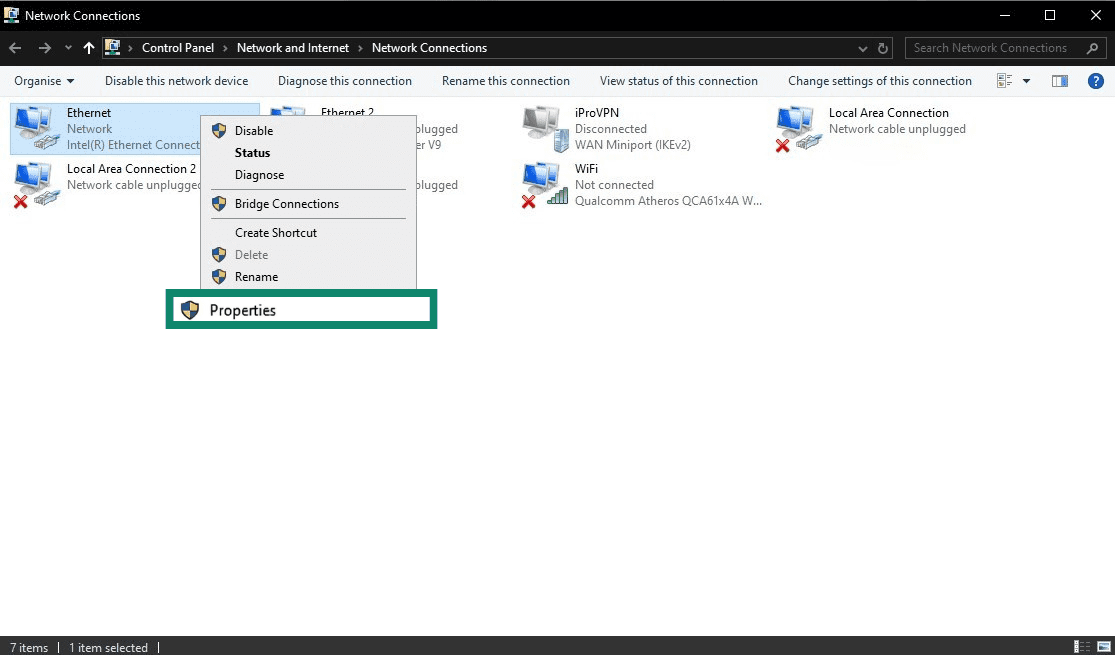 Windows 10 Network Connections showing the right-click menu for an adapter with Properties highlighted.