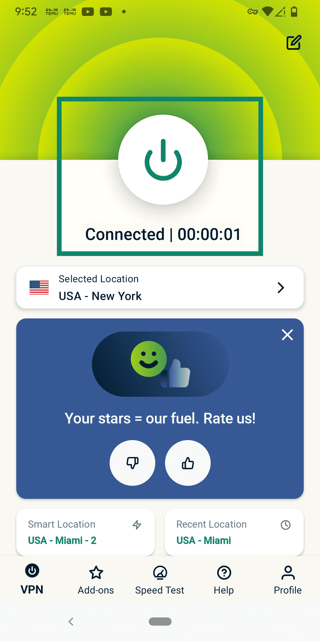 ExpressVPN app home screen connected to a server.