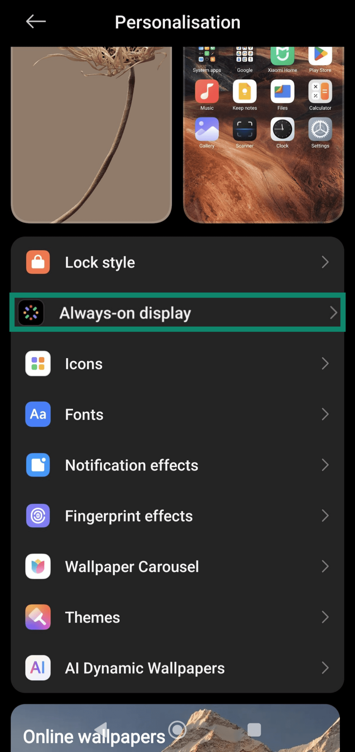 Opening Xiaomi's Always-on display settings