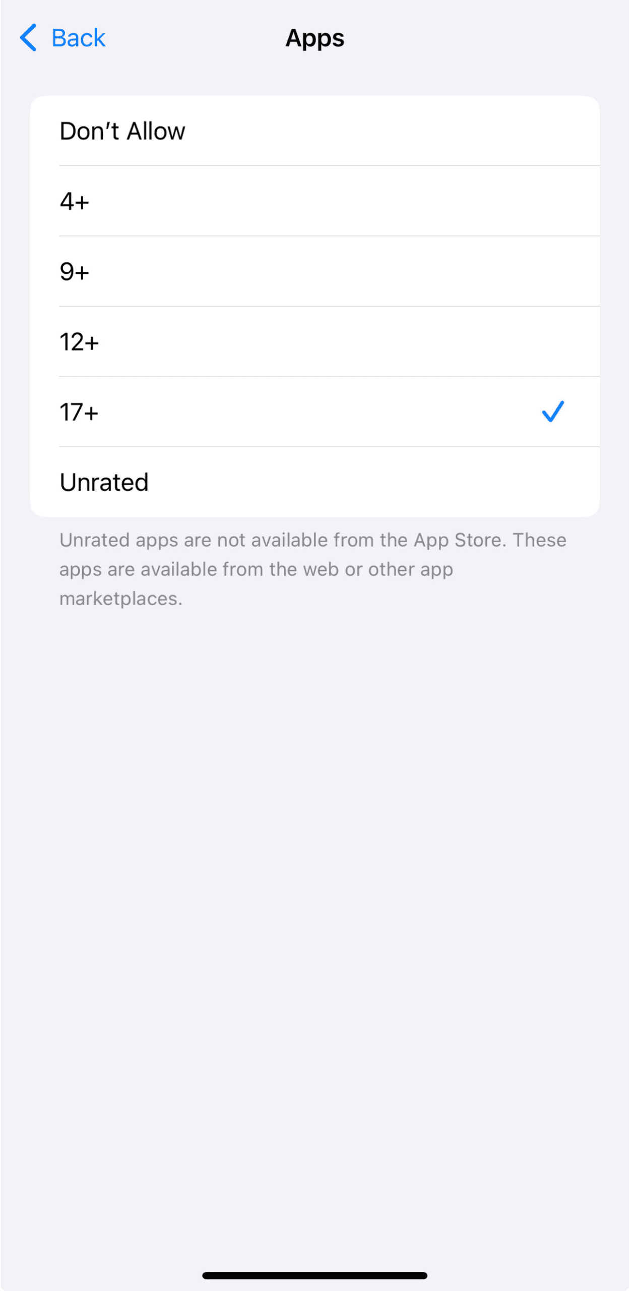 App age restriction options in iPhone settings