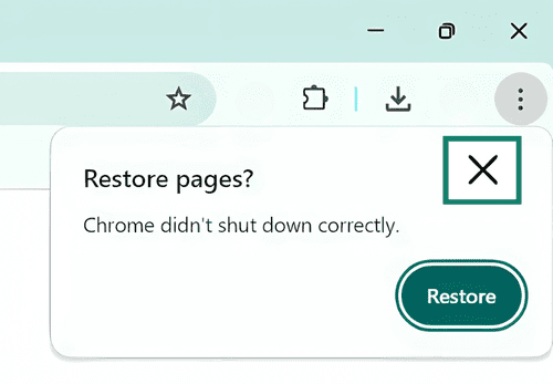Screen showing how to choose not to restore pages.