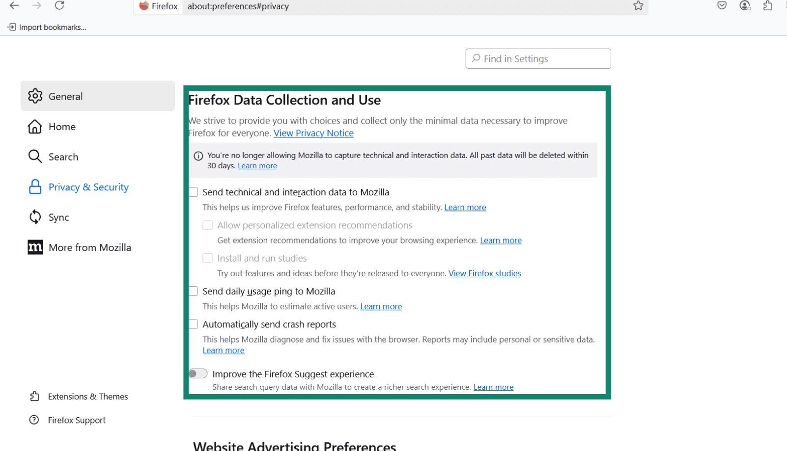 The Firefox data collection and use menu with every option toggled off.