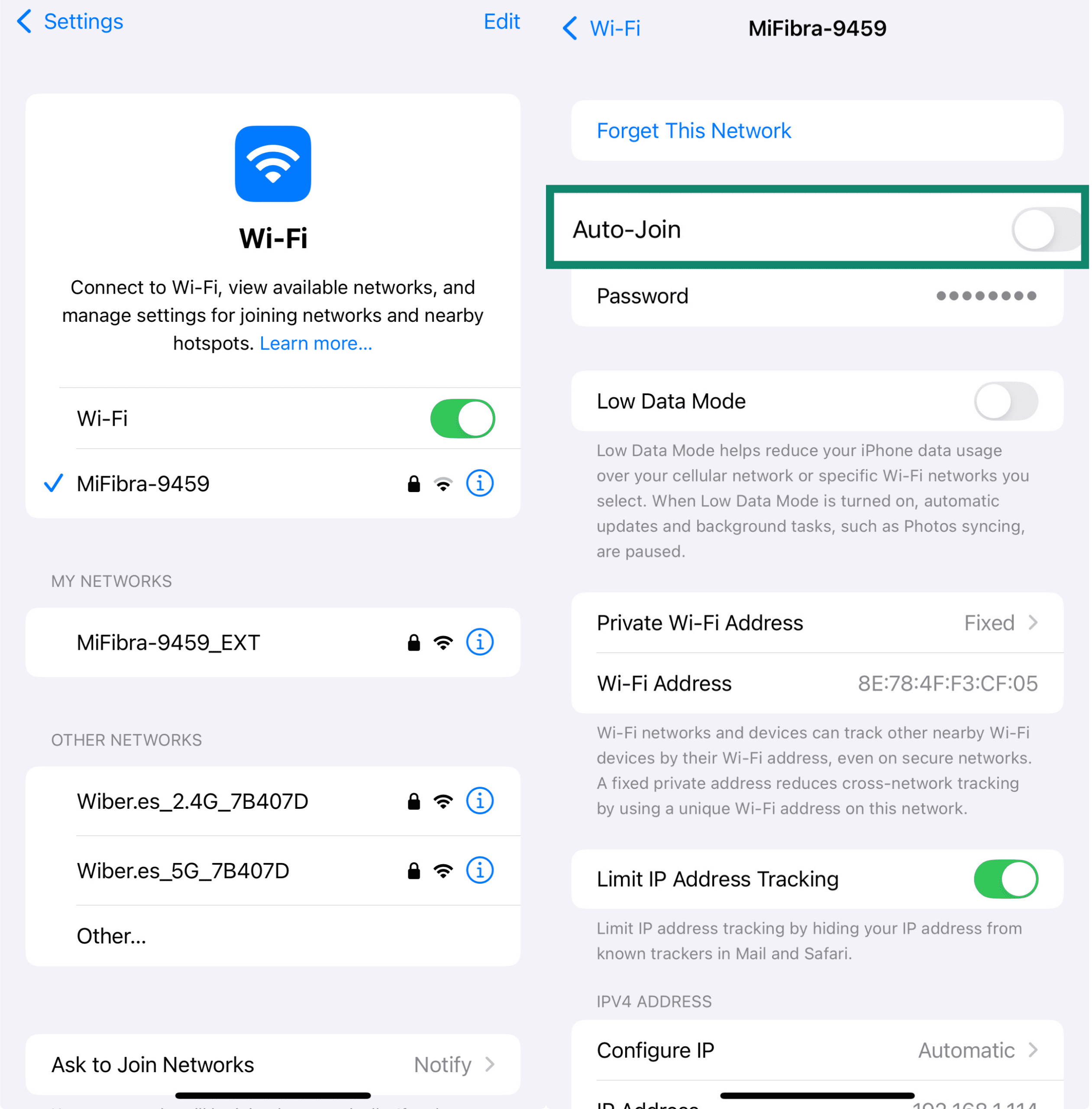 iOS screen showing Wi-Fi network.