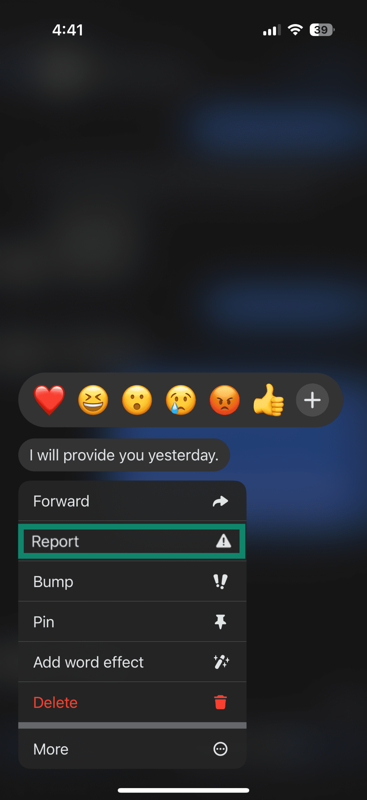 Screenshot of Facebook Messenger on iPhone showing the message options menu after holding a message