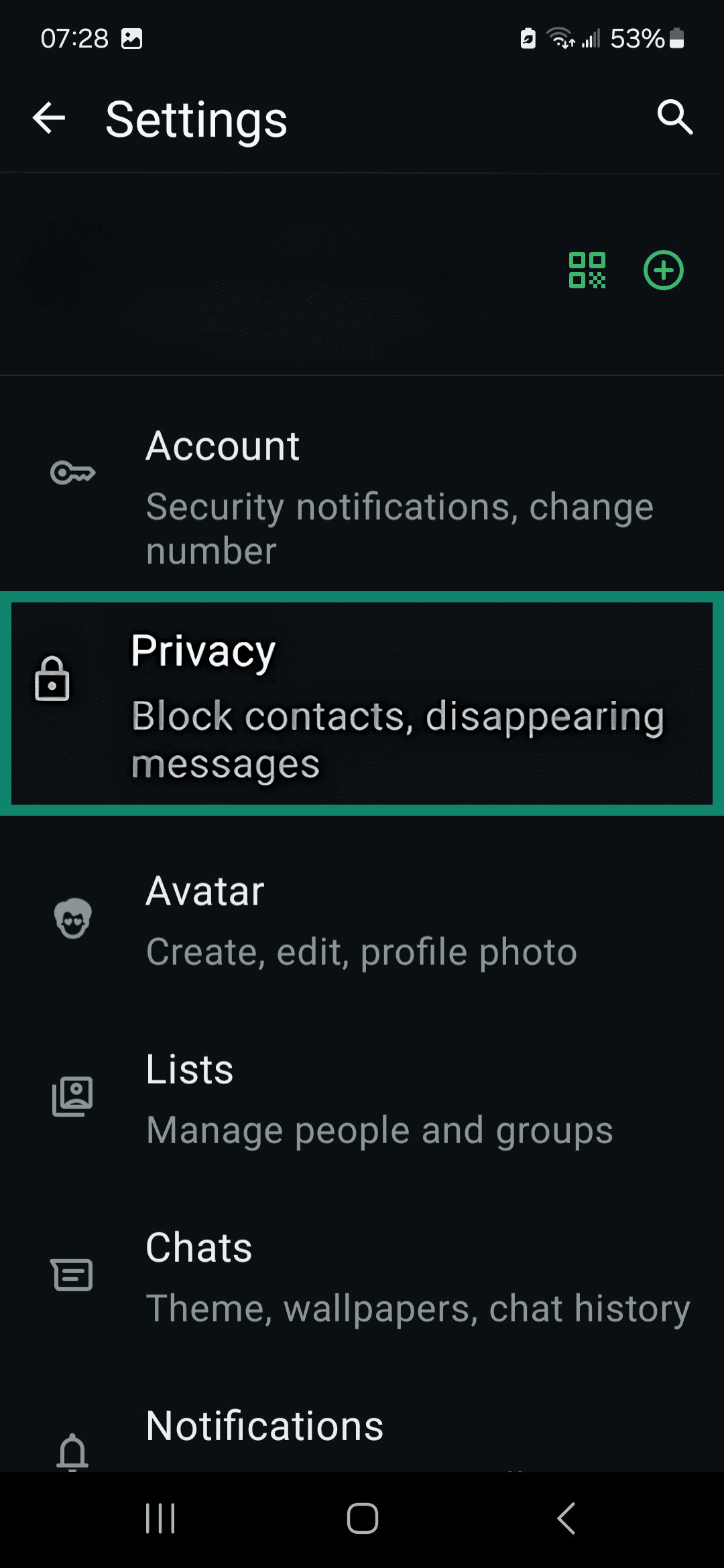 WhatsApp Settings menu highlighting Privacy.