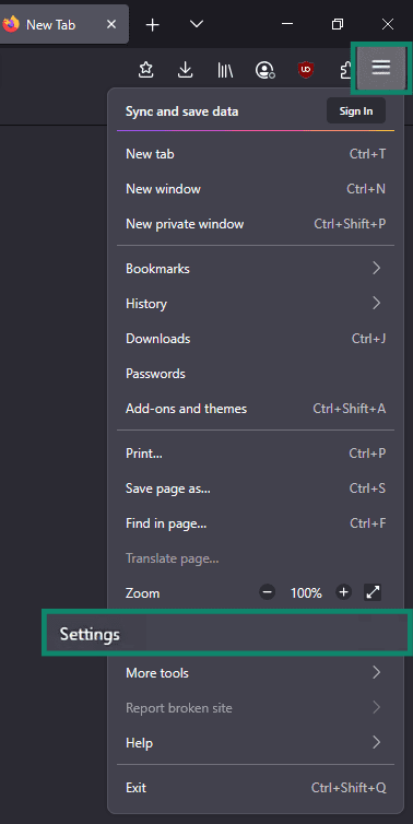 The Firefox browser showing the hamburger menu and the Settings option highlighted.
