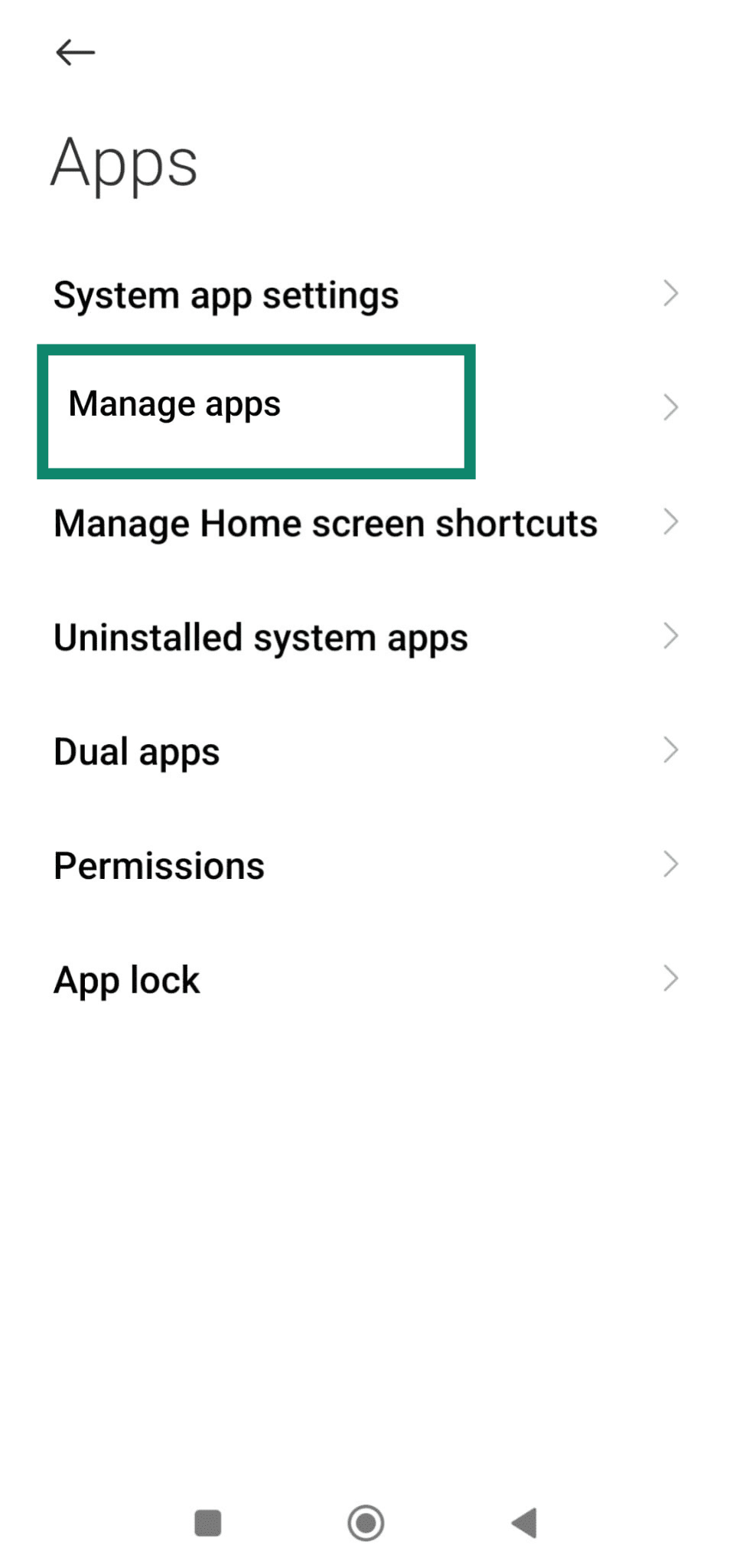 Apps menu in Android settings with 'Manage apps' highlighted