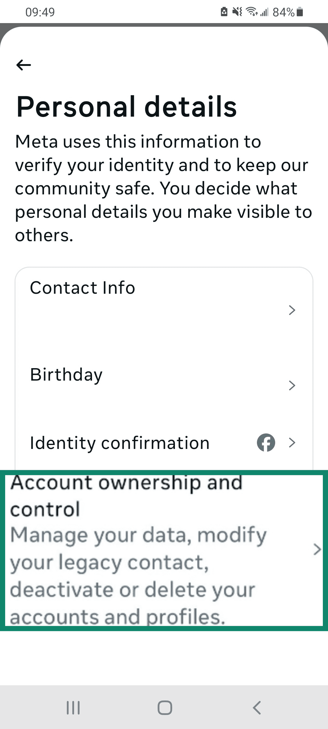 Facebook Android app Personal details settings with Account ownership and control highlighted.