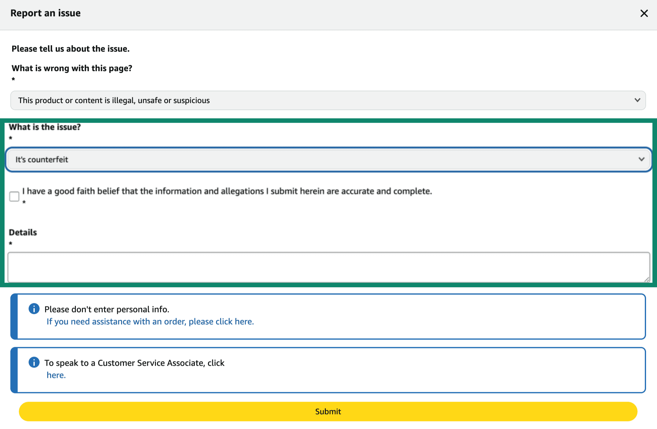 A visual guide detailing the required fields for reporting a website to Amazon.