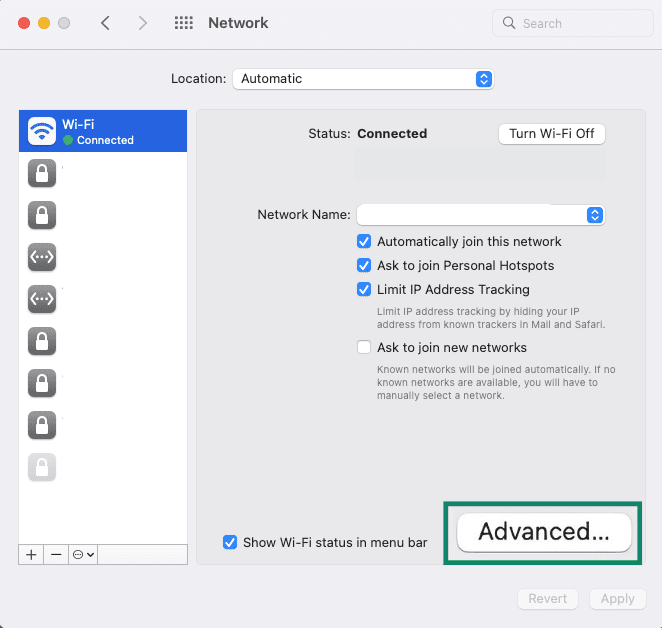 The Network menu of an Apple Mac, showing the list of networks and the Advanced button.