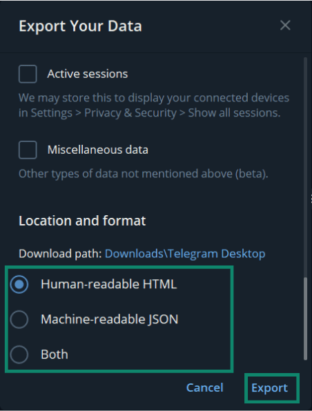 Choosing preferred data format when downloading Telegram data.