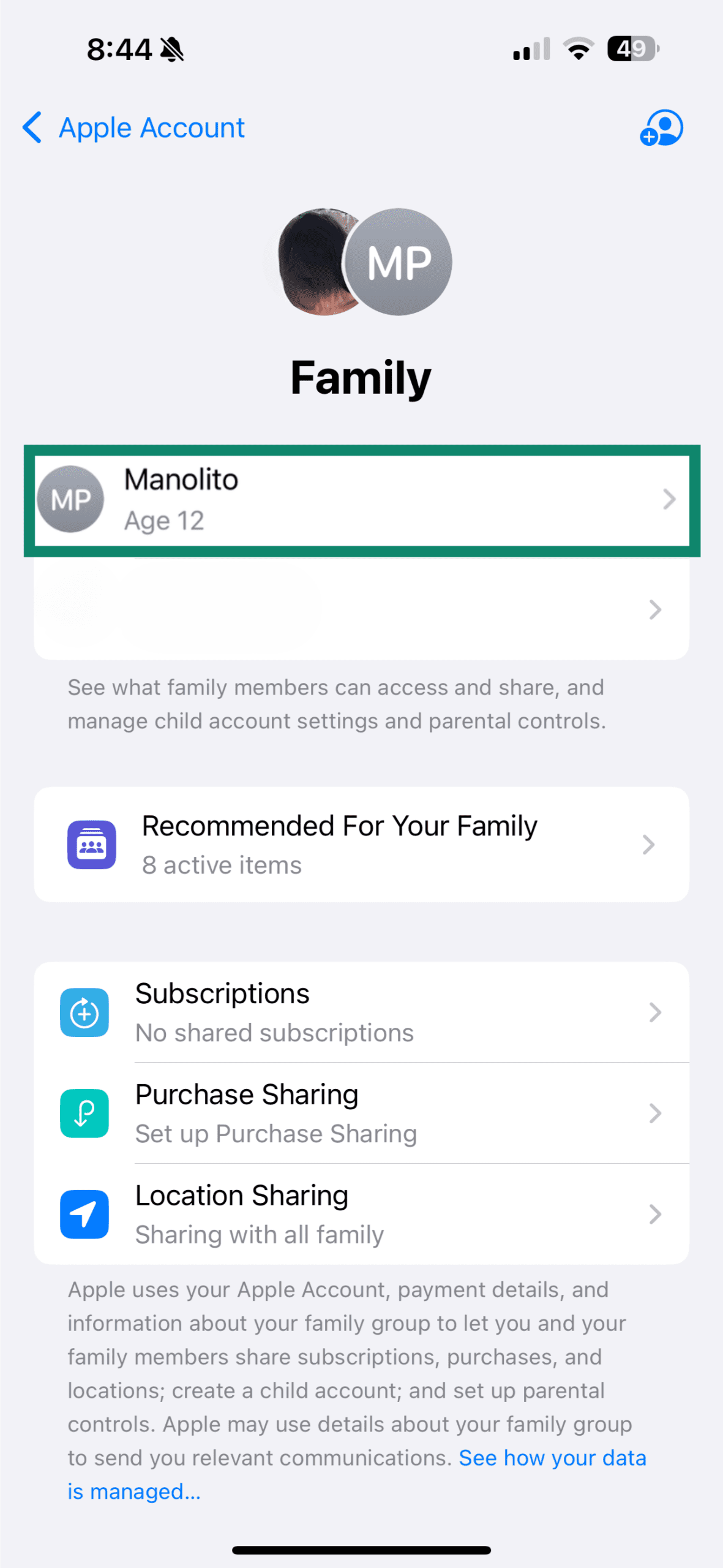 Family list with child’s name selected in iPhone Settings