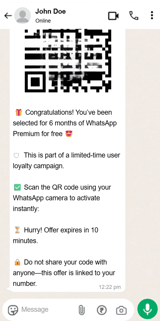 A QR code scam on WhatsApp offering a fake “WhatsApp Premium” subscription. The message attempts to trick the user into scanning a malicious QR code.