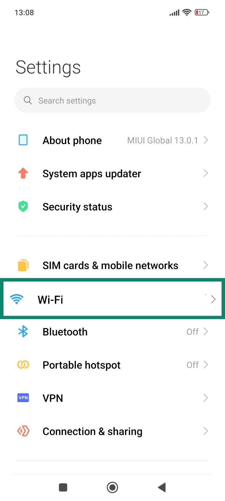 The Android Settings menu, showing the Wi-Fi button.